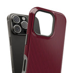Burgundy striped MagSafe case with monogram, edge detail