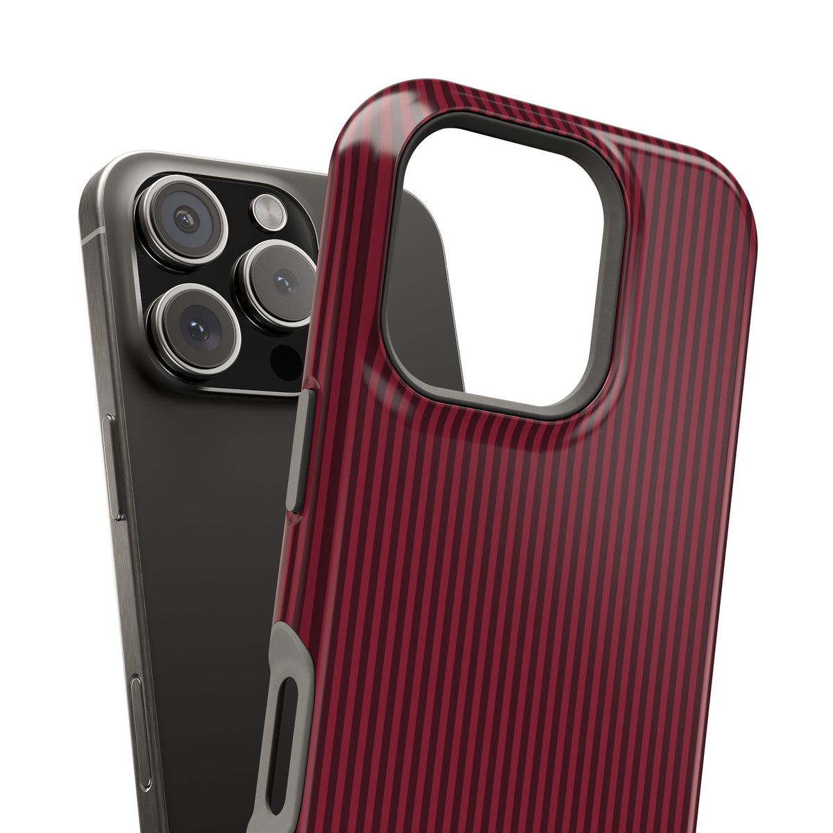 Burgundy striped MagSafe case with monogram, edge detail