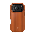 Personalized burnt orange striped MagSafe phone case with initials, back view