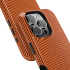 Personalized burnt orange striped MagSafe phone case, side view