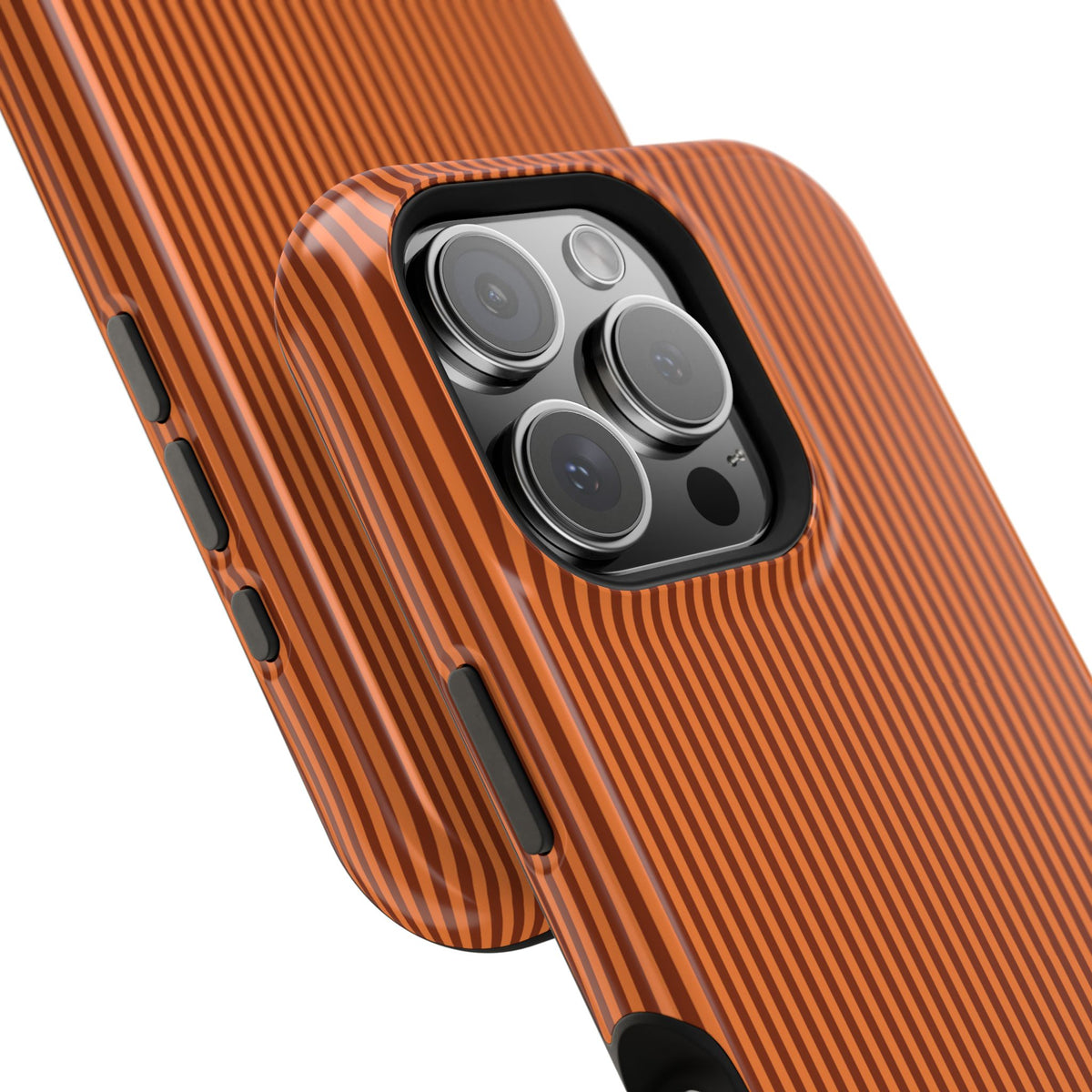 Personalized burnt orange striped MagSafe phone case, side view