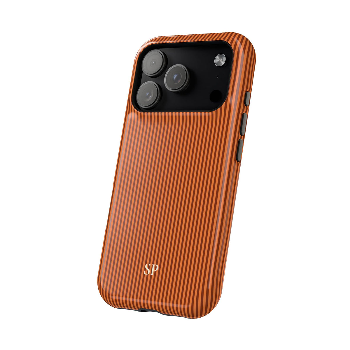 Burnt orange pinstripe MagSafe phone case with initials in cream