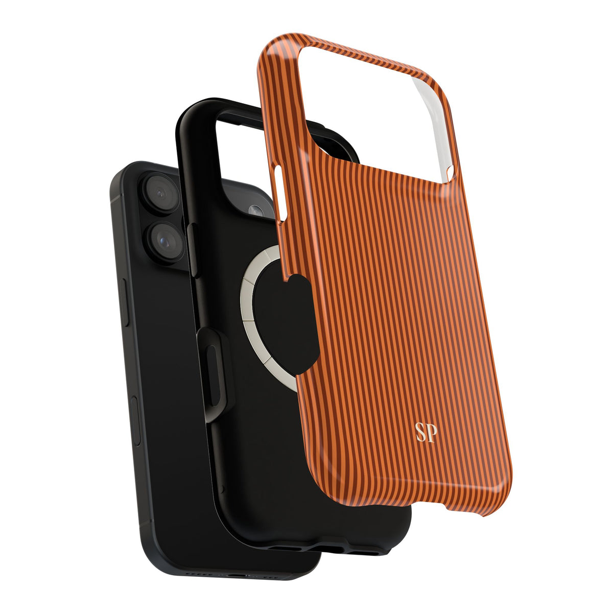 Burnt orange striped monogram MagSafe phone case