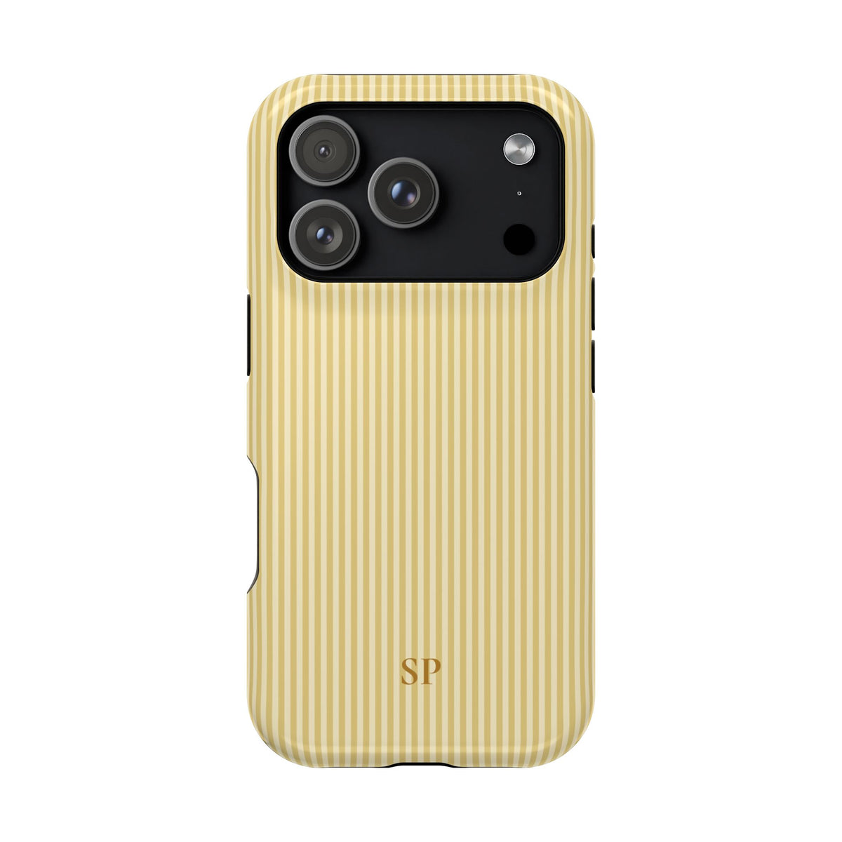 Personalized butter yellow striped MagSafe phone case with initials, back view