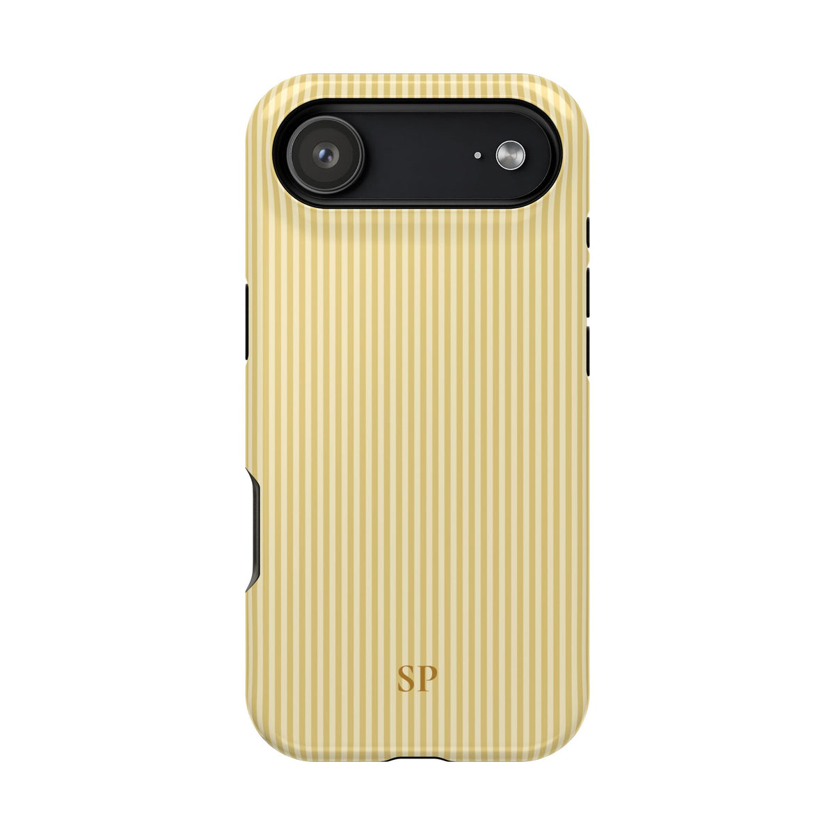 Butter yellow pinstripe MagSafe phone case with monogram initials