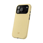 Pastel yellow striped MagSafe iPhone case with initials