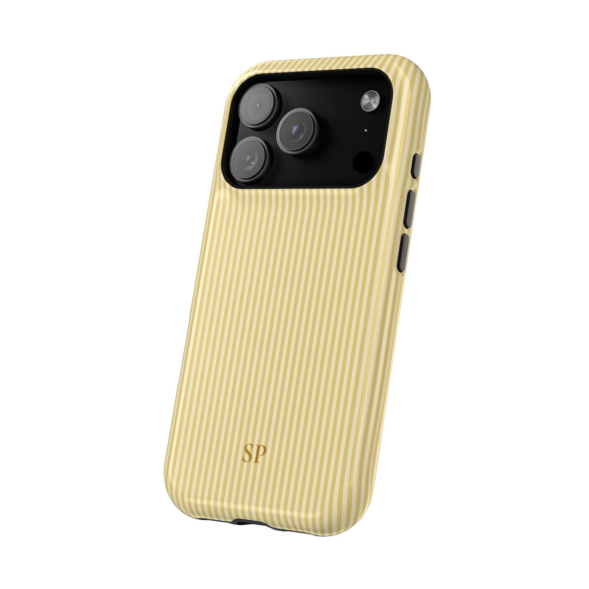 Pastel yellow striped MagSafe iPhone case with initials
