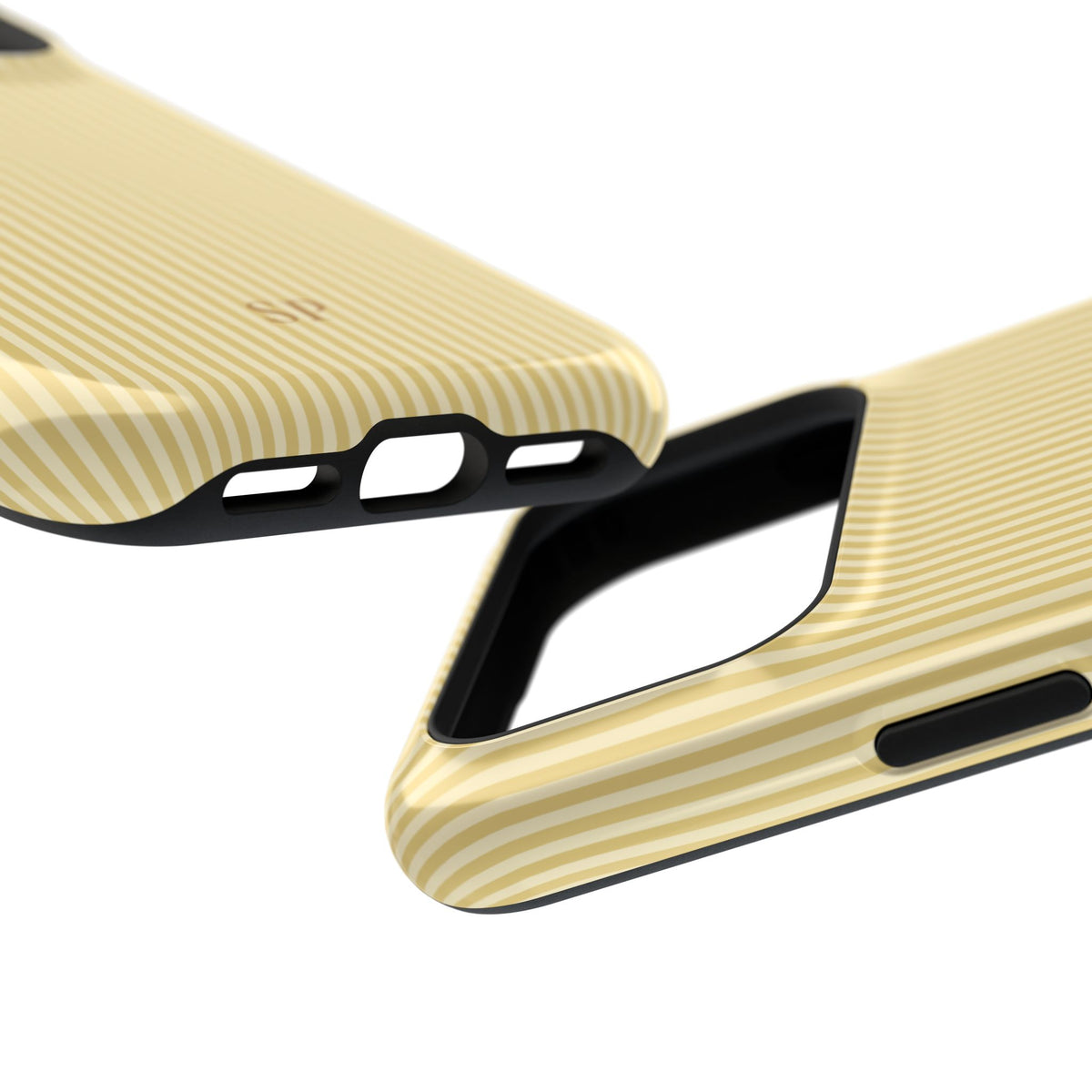 Personalized butter yellow striped MagSafe phone case, angled view
