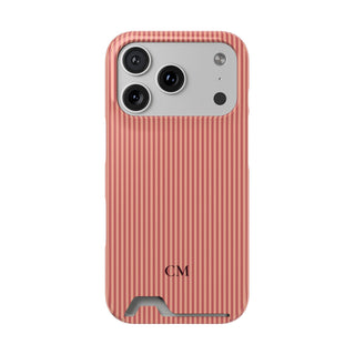 Personalized coral striped phone case with card holder and initials
