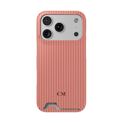 Personalized coral striped phone case with card holder and initials