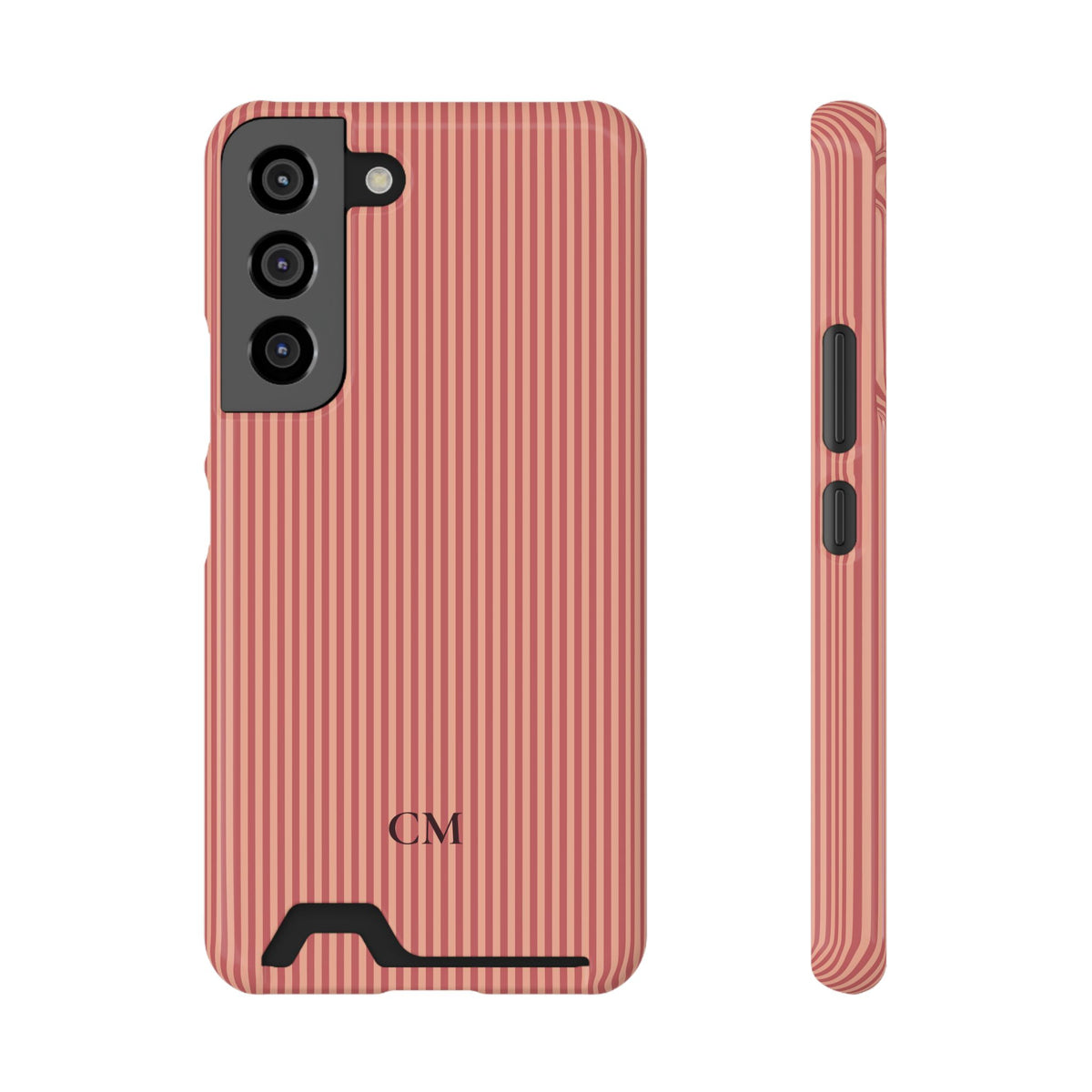 Coral pinstripe phone case with monogram and card slot