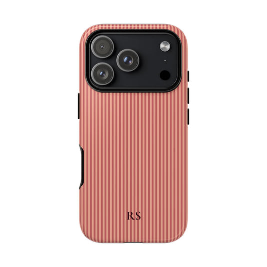 Personalized coral striped tough phone case with initials, front view