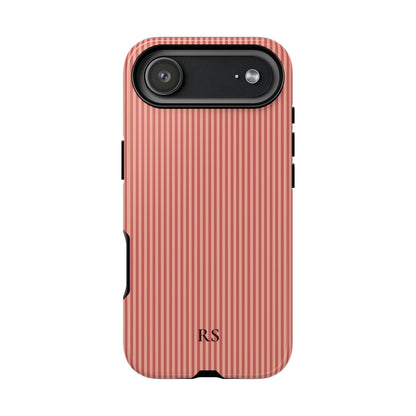 Personalized coral striped tough phone case, angled view