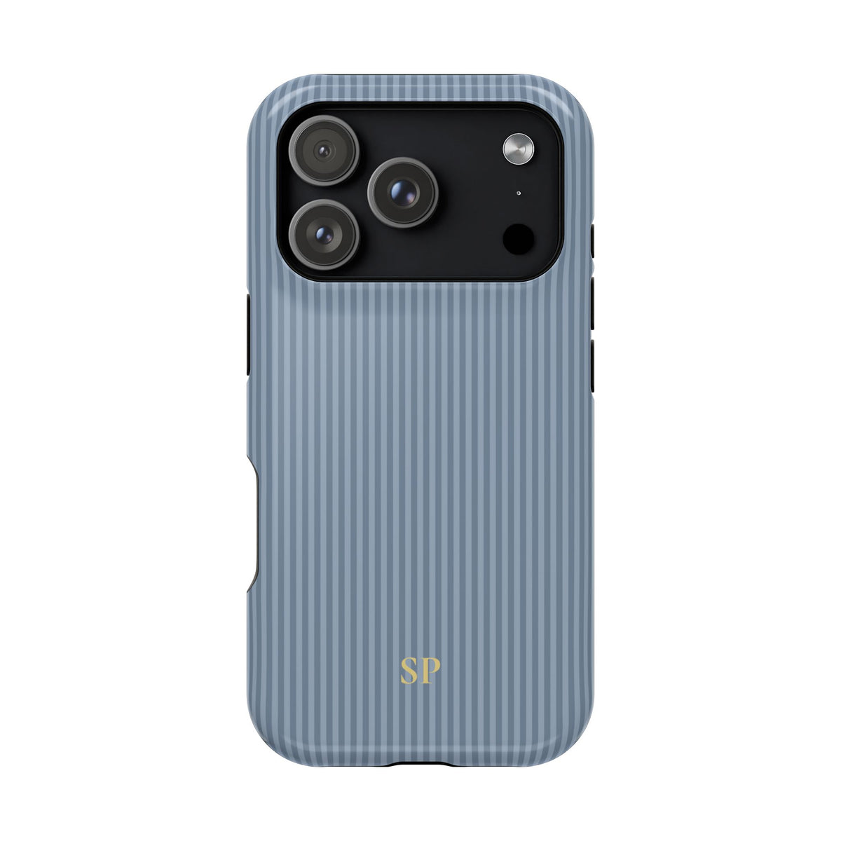 Personalized dusty blue striped MagSafe phone case with initials, back view