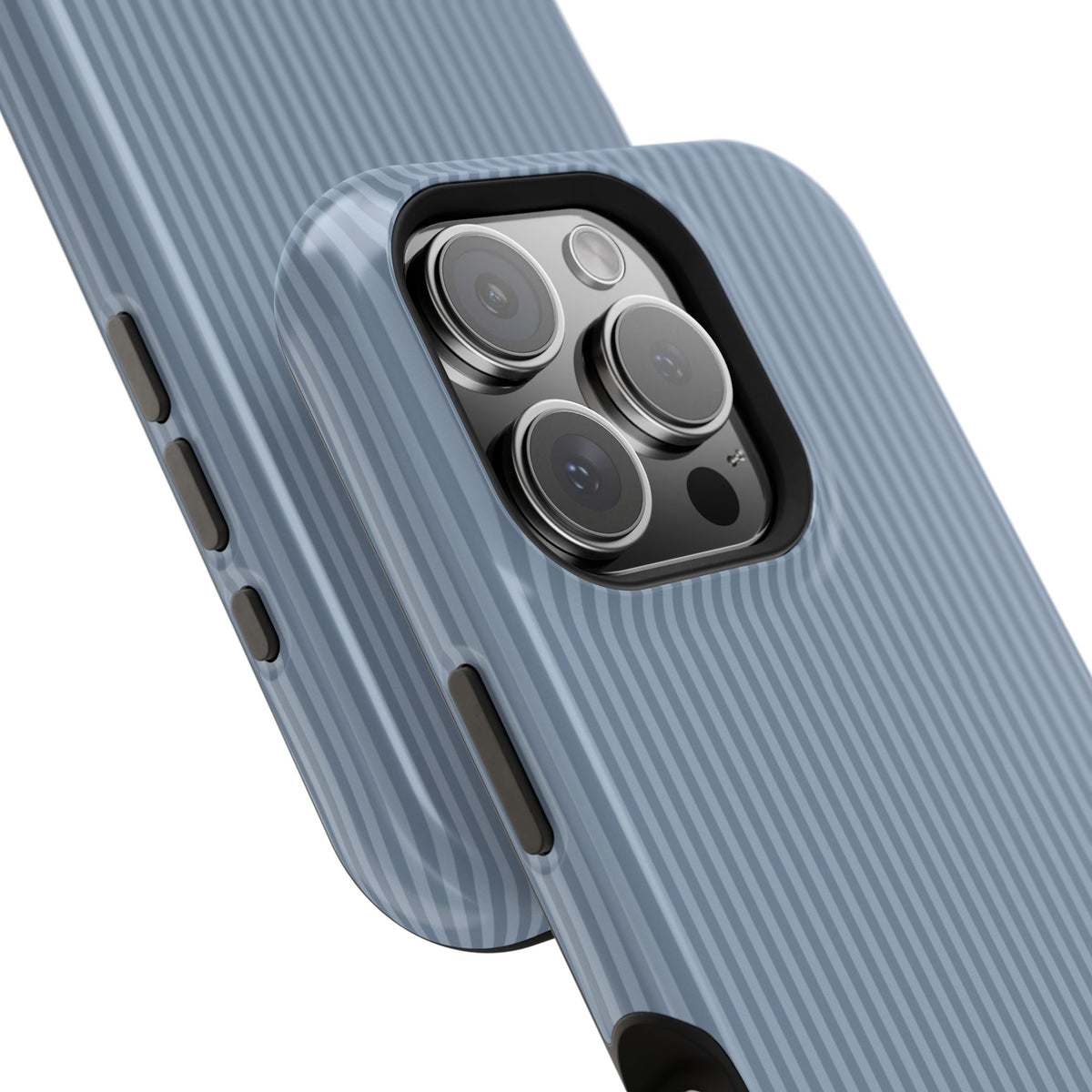Personalized dusty blue striped MagSafe phone case, side view
