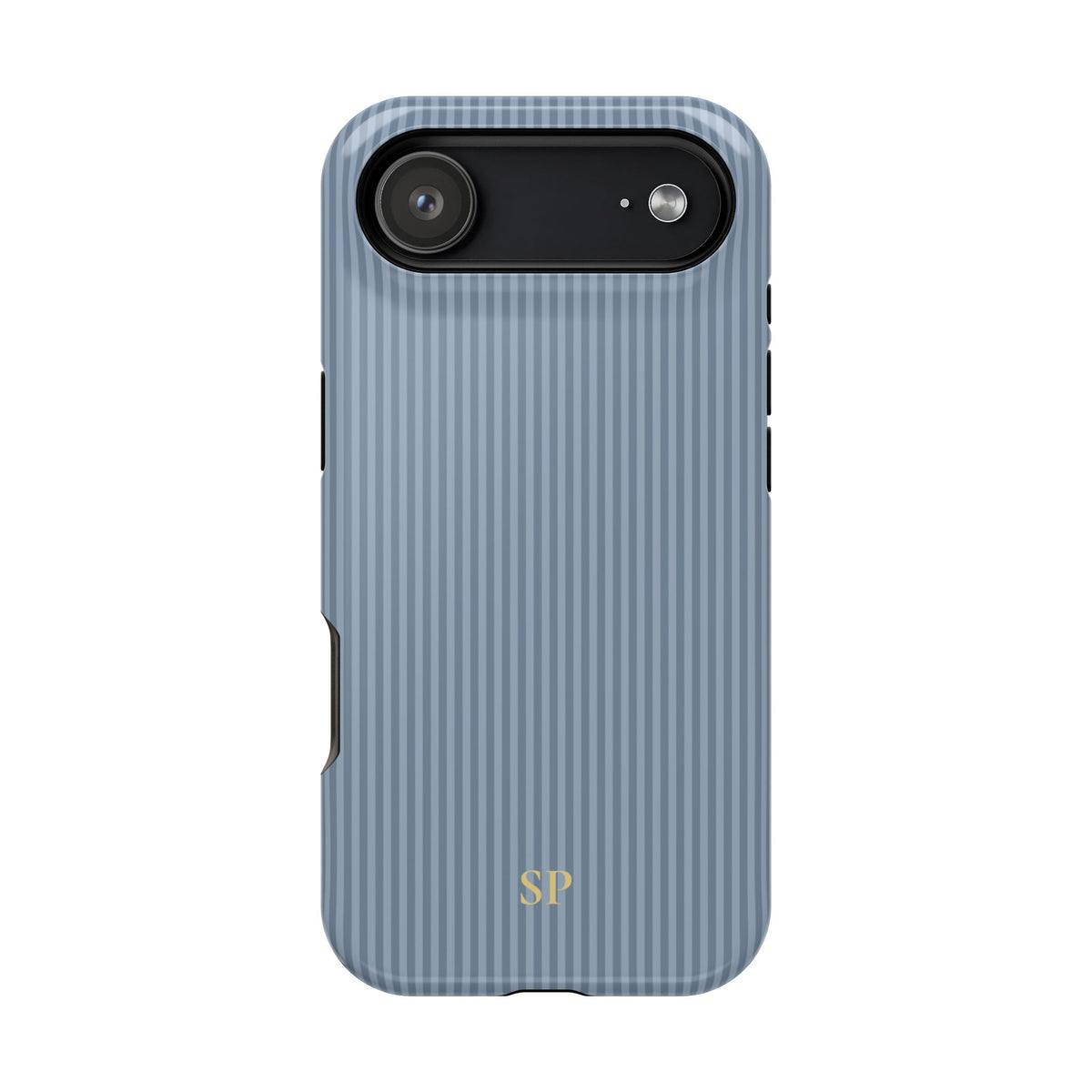 Dusty blue pinstripe MagSafe phone case with monogram initials