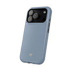 Dusty blue pinstripe MagSafe phone case with initials in yellow