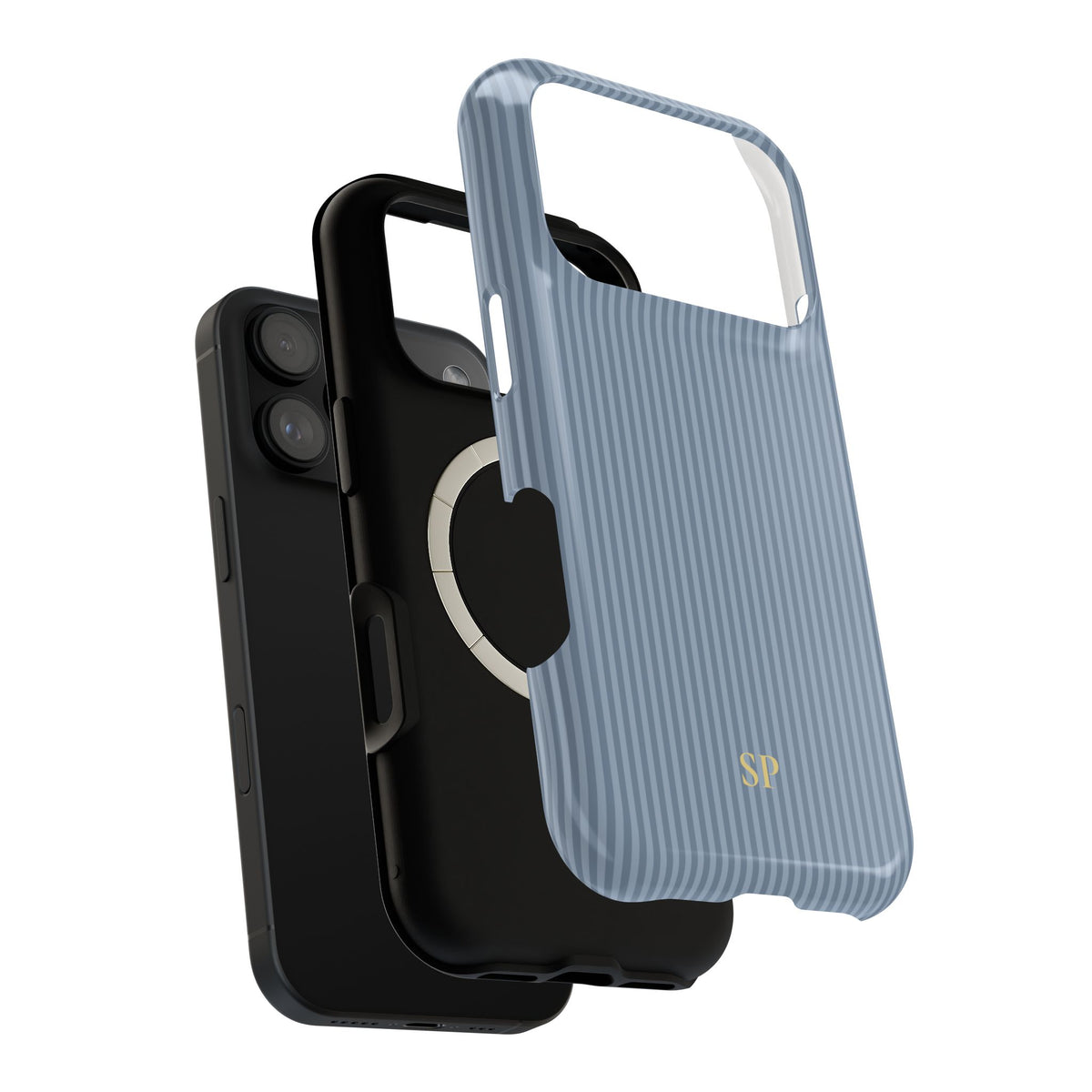 Dusty blue striped monogram MagSafe phone case