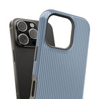 Blue-grey monogram MagSafe phone case with pinstripes