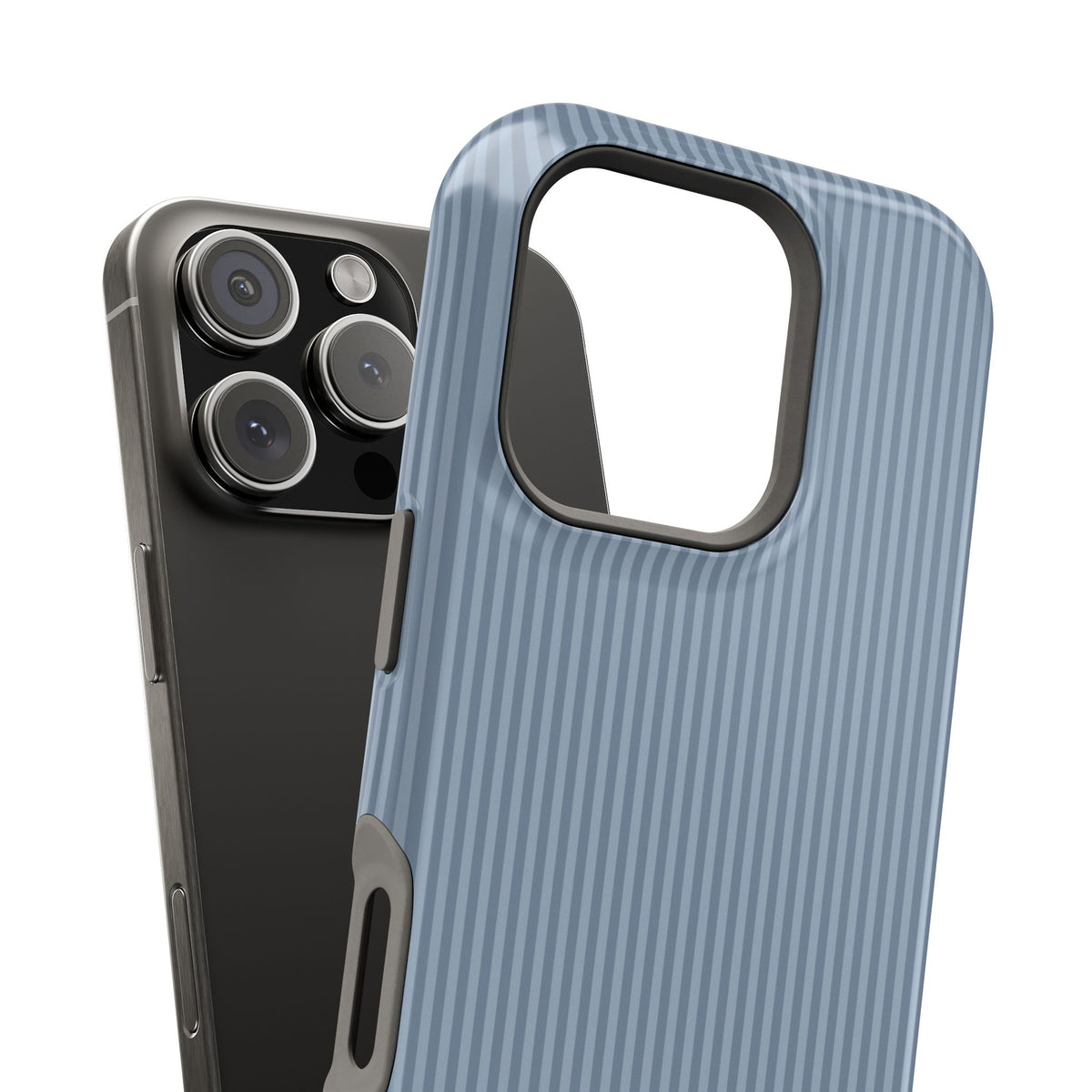 Blue-grey monogram MagSafe phone case with pinstripes