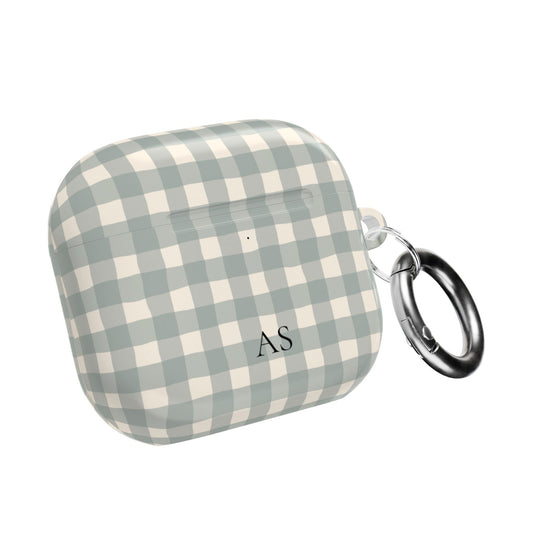 Personalized eucalyptus gingham AirPod case with initials, front view