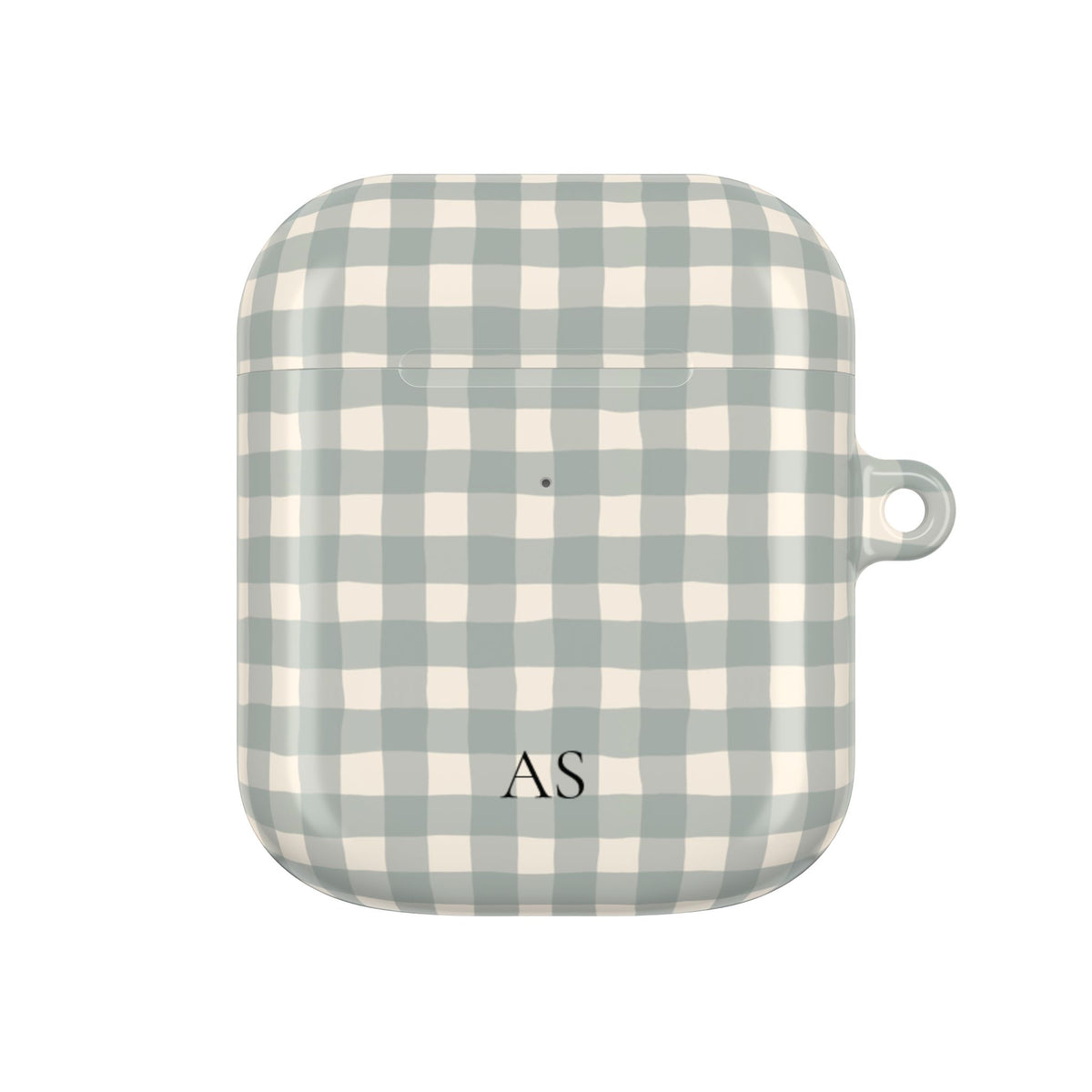 Personalized eucalyptus gingham AirPod case, back view
