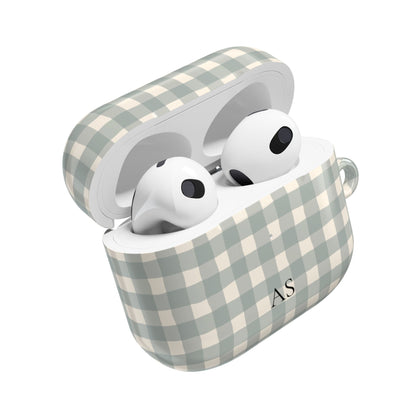 Personalized eucalyptus gingham AirPod case, side view