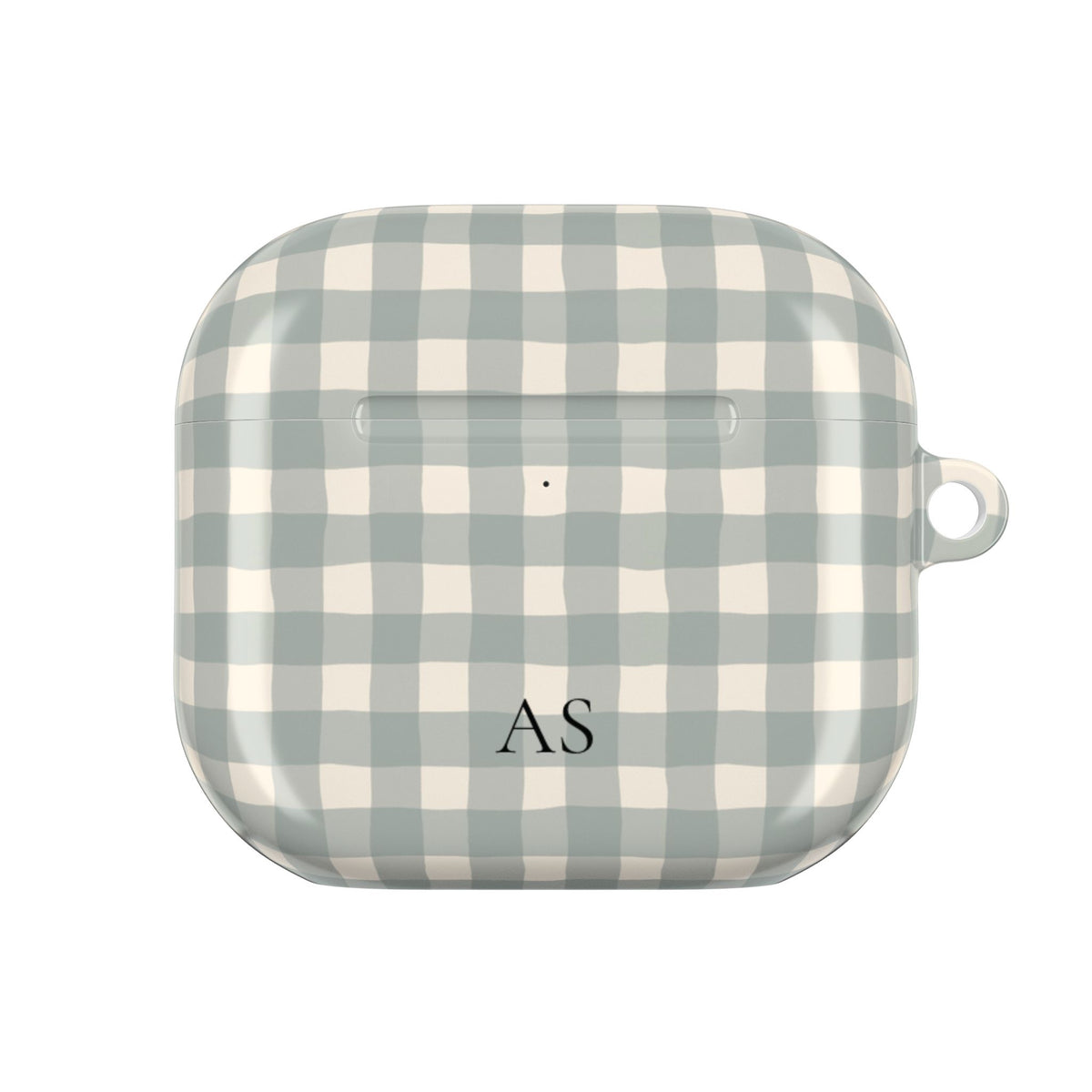 Personalized eucalyptus gingham AirPod case with carabiner, alternate view