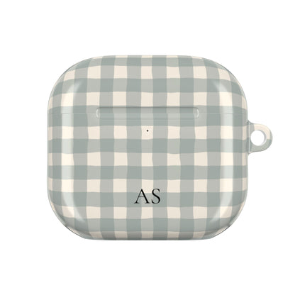Personalized eucalyptus gingham AirPod case with carabiner, alternate view