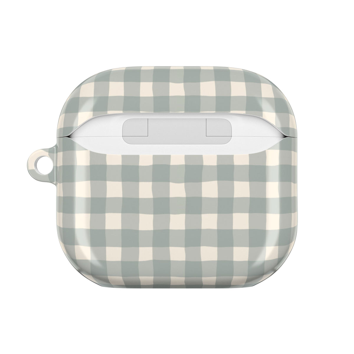 Personalized eucalyptus gingham AirPod case, detail view