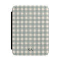 Personalized eucalyptus gingham Kindle case with initials on the front cover