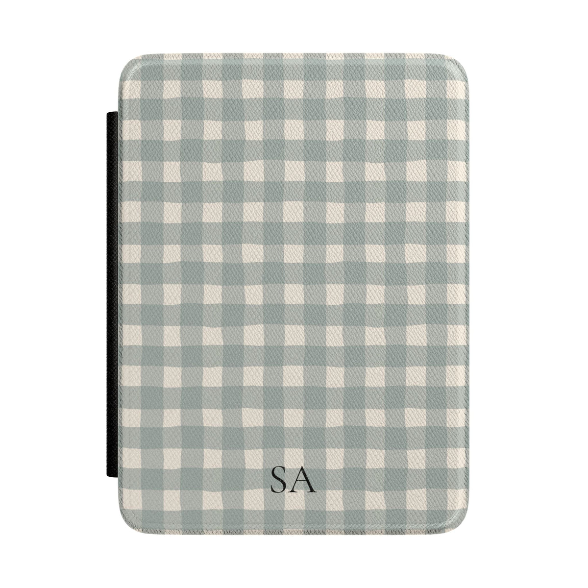 Personalized eucalyptus gingham Kindle case with initials on the front cover
