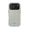 Personalized eucalyptus gingham MagSafe phone case with initials, back view