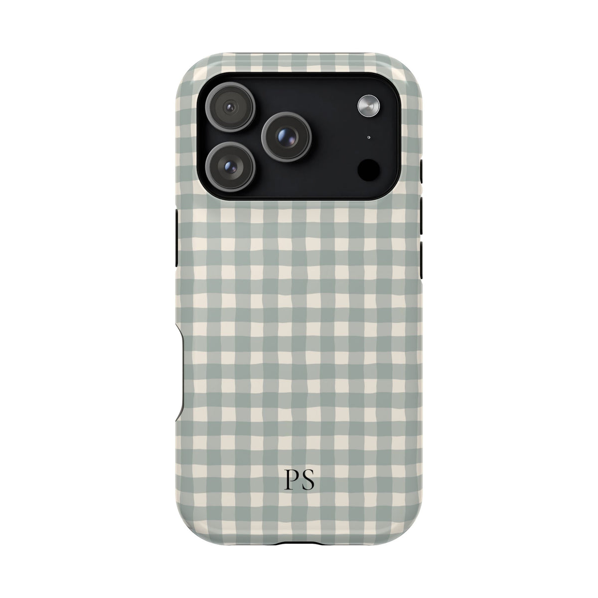 Personalized eucalyptus gingham MagSafe phone case with initials, back view
