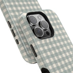 Personalized eucalyptus gingham MagSafe phone case, side view