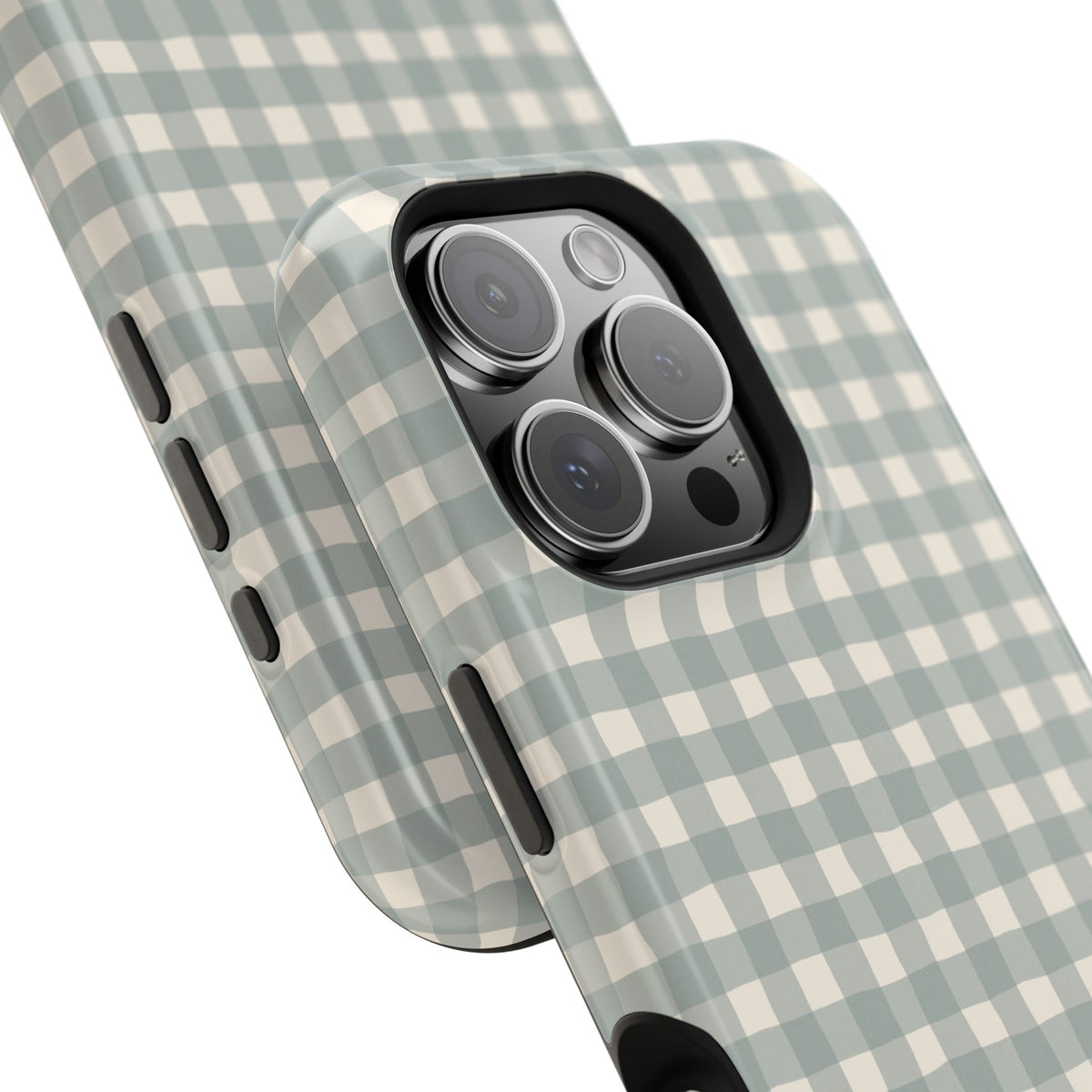 Personalized eucalyptus gingham MagSafe phone case, side view