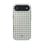 Gray-green gingham MagSafe phone case with monogram initials