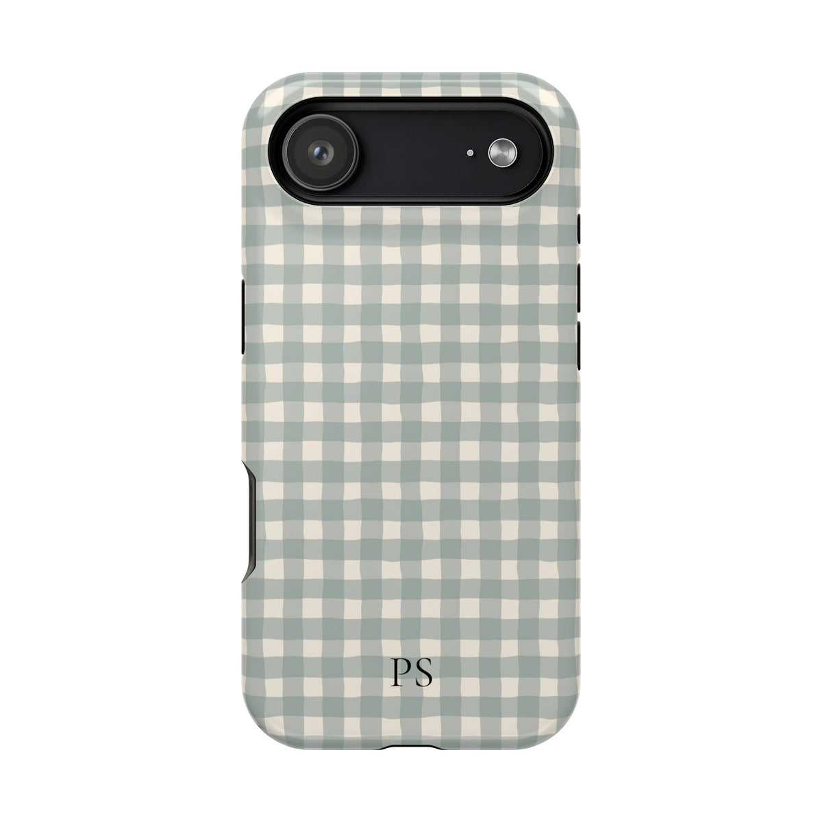 Gray-green gingham MagSafe phone case with monogram initials