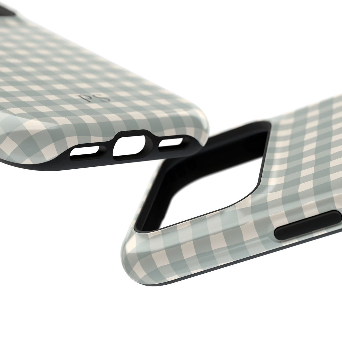 Personalized eucalyptus gingham MagSafe phone case, angled view