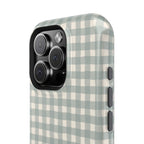 Personalized eucalyptus gingham MagSafe phone case with initials, close-up