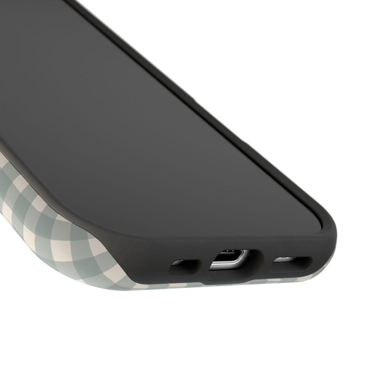 Eucalyptus gingham MagSafe phone case, lifestyle view