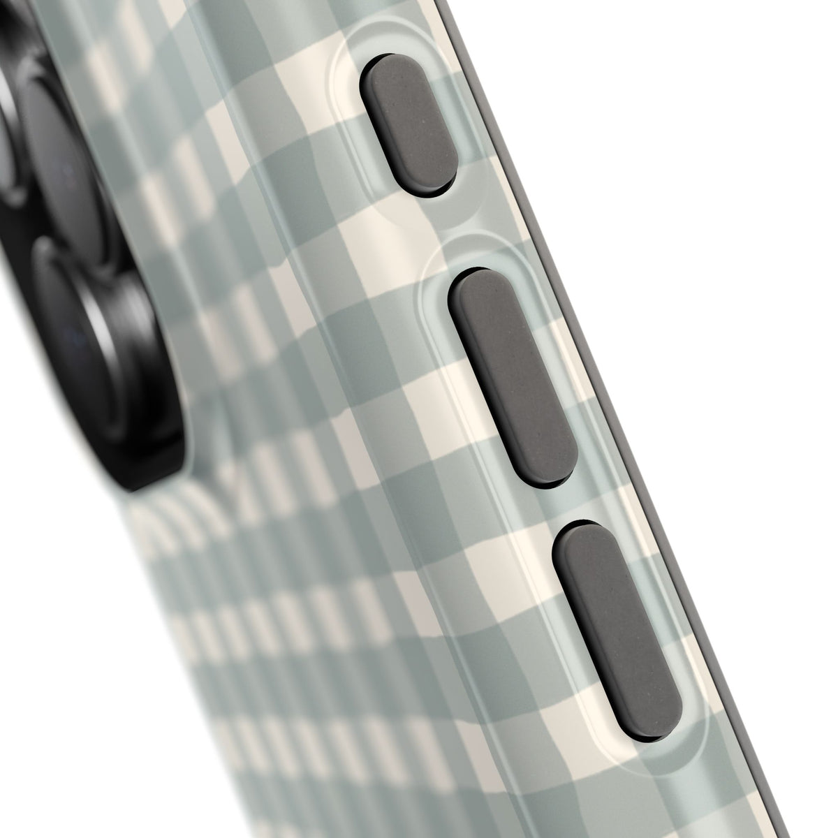 Personalized gray-green gingham MagSafe phone case, front and back