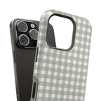 Eucalyptus gingham MagSafe case with monogram, edge detail