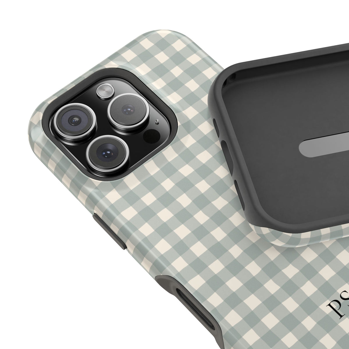 Personalized eucalyptus gingham MagSafe phone case in hand