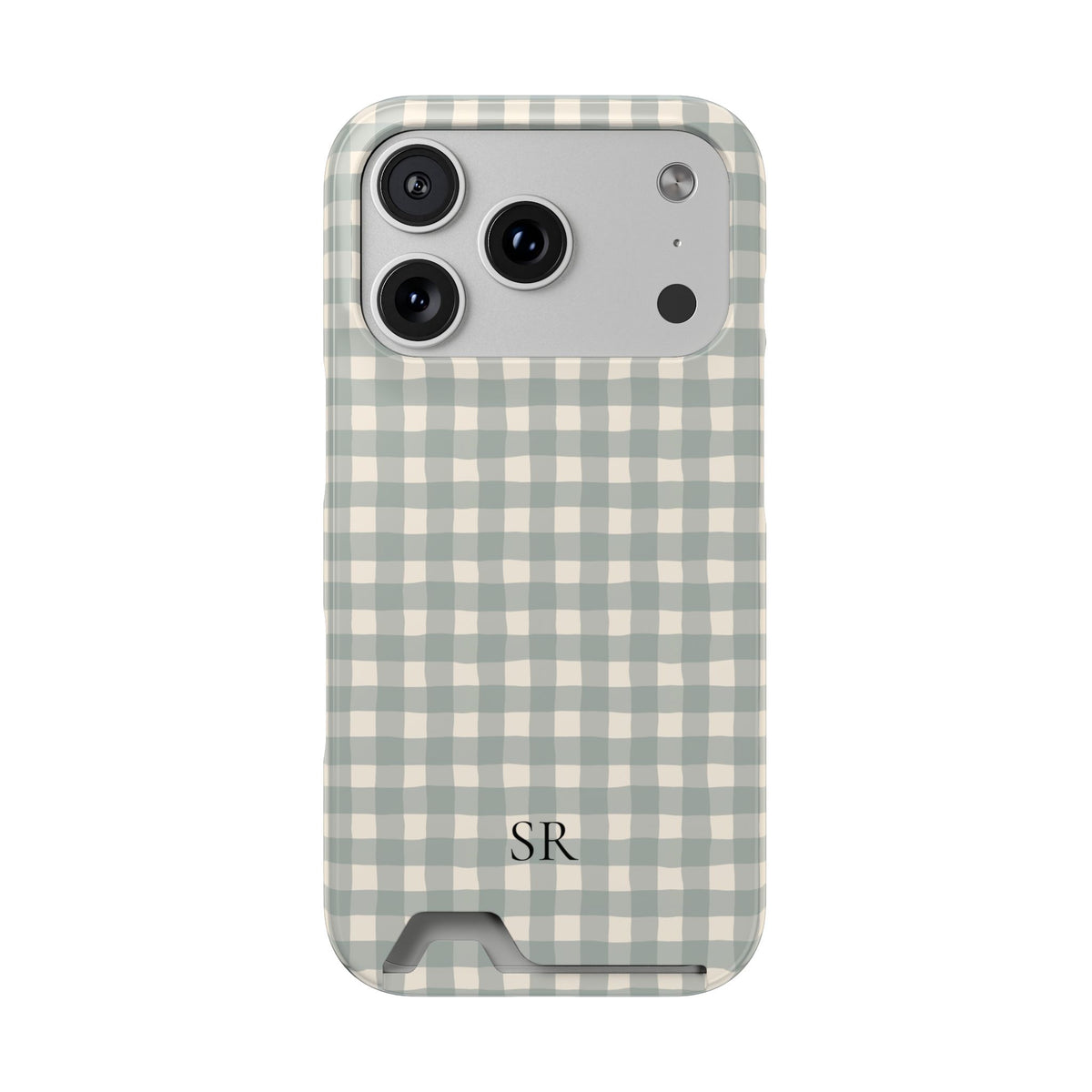 Personalized eucalyptus gingham phone case with card holder and initials, front view