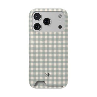 Personalized eucalyptus gingham phone case with card holder and initials, front view