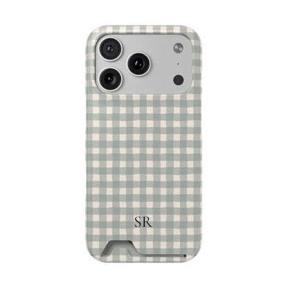 Personalized eucalyptus gingham phone case with card holder and initials, front view