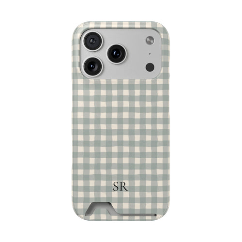 Personalized eucalyptus gingham phone case with card holder and initials, front view