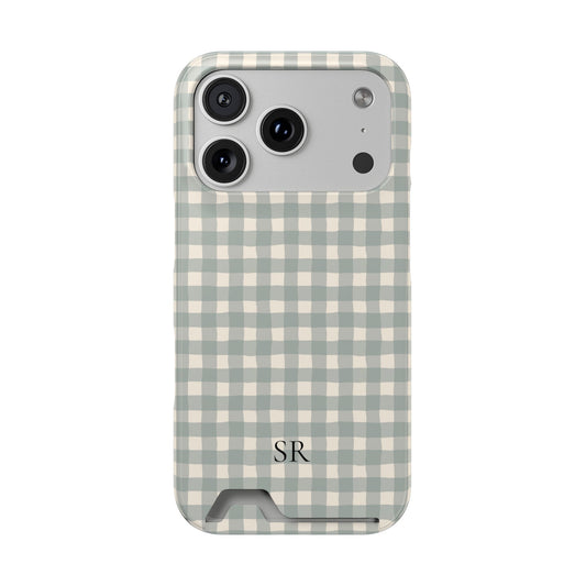 Personalized eucalyptus gingham phone case with card holder and initials, front view