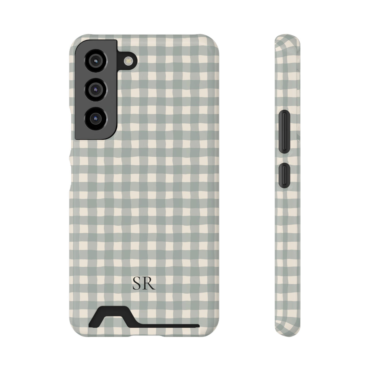 Personalized eucalyptus gingham phone case with card holder, back view